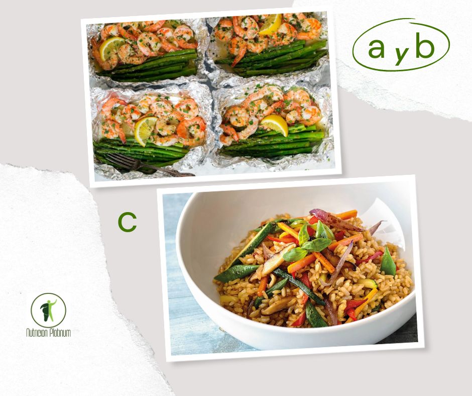 papillote de camarones y espárragos con limón y ajo mas verduras con arroz